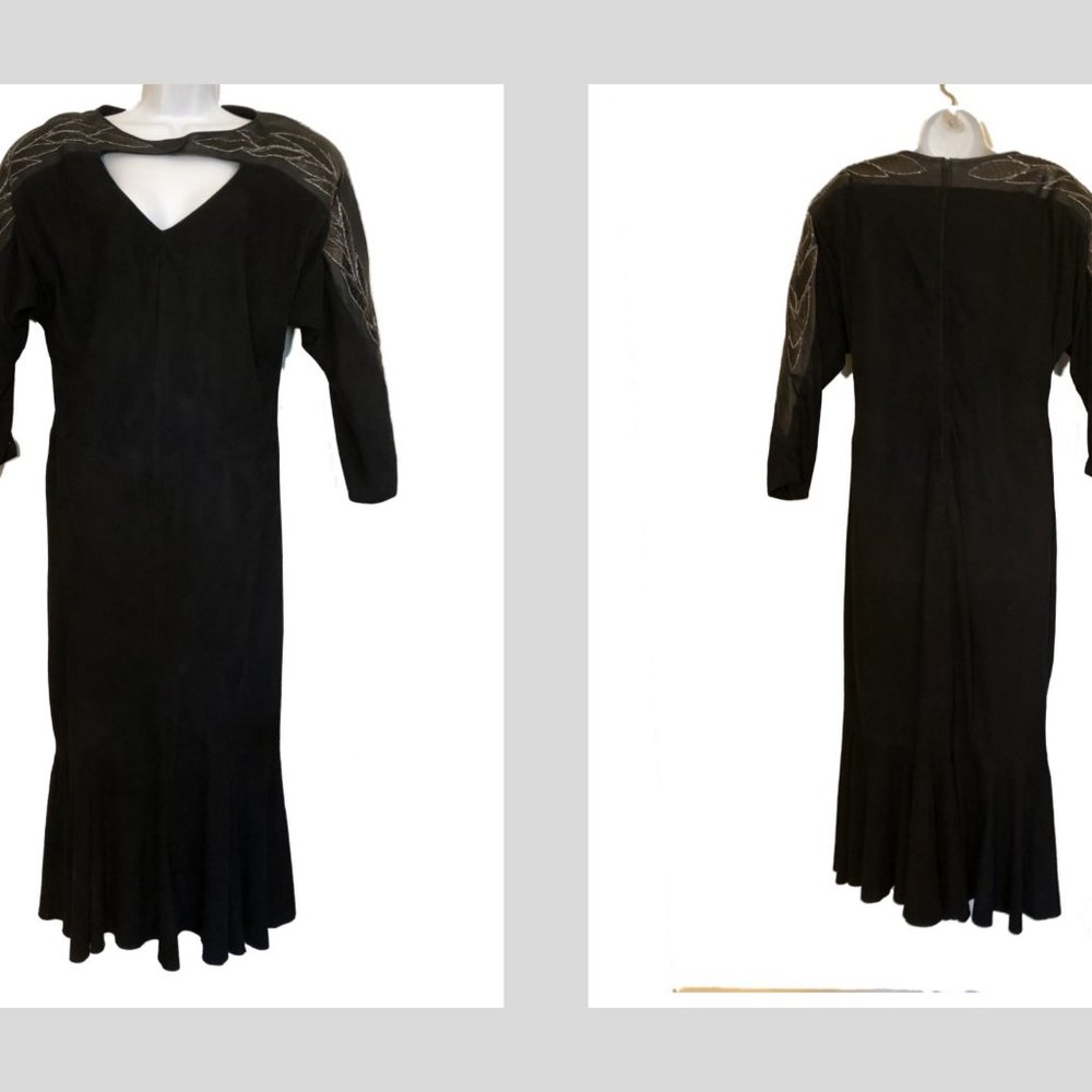 Vtg SHALMAY Black Suede & Leather 1980s Maxi Dress